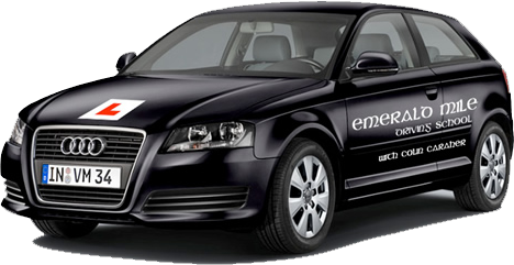 The Audi A3 used for driving lessons, with Emerald Mile Driving School livery
